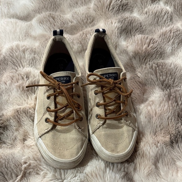 Sperry Shoes - Sperry Beige Canvas Shoes with Brown Laces